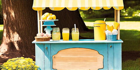 Lemonade stand - summer business for children. Kids of all ages mix pitchers of lemonade and sell by the glass, with an awning and blank wooden sign in the summer day - obrazy, fototapety, plakaty