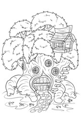 Coloring book for children. Fairy house in a tree trunk. The task for children can be used in a book or magazine.