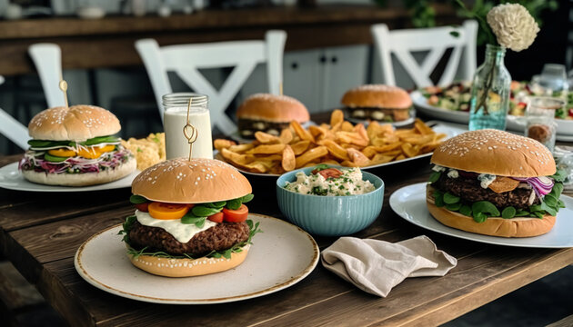 A plump, meaty burger sits on a toasted bun, topped with melted cheese, crisp lettuce, juicy tomato slices, and tangy pickles. The burger steaming a juicy a perfect contrast to the crunchy toppings.