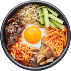 korean bibimbap bowl with galbi beef and pickled vegetables shot from top view and isolated - 570473911