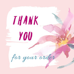 Postcard, Thank You design. Gratitude on an elegant background with a watercolor rosebud. Thank you postcard template for your order, hand-drawn