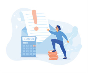 Characters having financial problems, debts and loans. People holding long bill, reading letter from collection agency and carrying debt.flat vector modern illustration