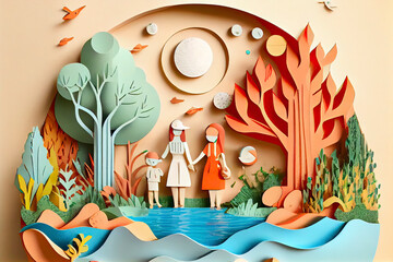 concept of eco and wolrd water day with children in the garden .paper art and craft style