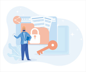 Characters using Cyber Security Services to Protect Personal Data. Online Payment Security, Cloud Shared Documents, Server Security and Data Protection Concept.flat vector modern illustration