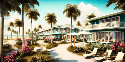 Seaside resort - a luxurious hotel on the beach for an exotic tropical getaway made with generative Ai