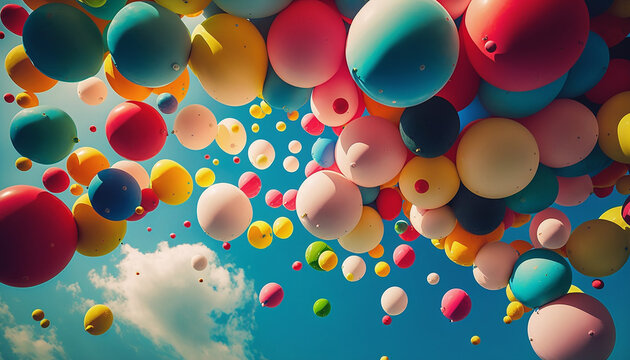 Ai Generated Illustration Of Colorful Balloons Flying Away In The Blue Sky.