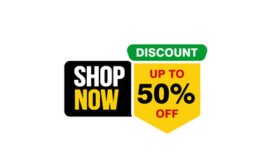 50 Percent SHOP NOW offer, clearance, promotion banner layout with sticker style. 