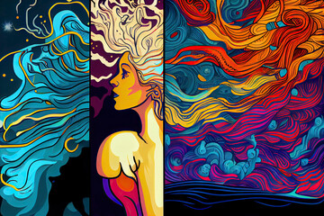 psychic waves experimentation, psychedelia, and bold mental, emotional, and spiritual Journey illustration