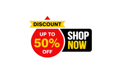 50 Percent SHOP NOW offer, clearance, promotion banner layout with sticker style. 