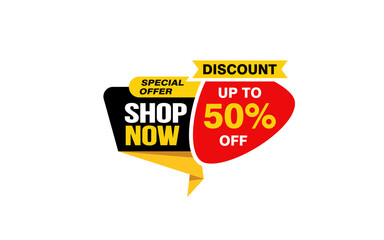 50 Percent SHOP NOW offer, clearance, promotion banner layout with sticker style. 