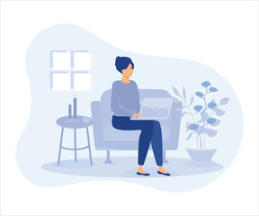Girl with laptop on the chair. Freelance or studying concept.flat vector modern illustration