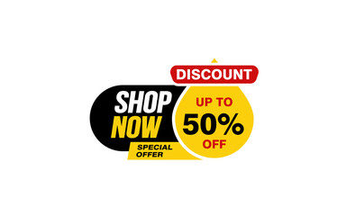 50 Percent SHOP NOW offer, clearance, promotion banner layout with sticker style. 