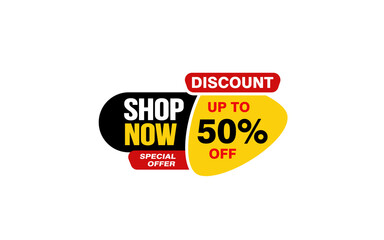 50 Percent SHOP NOW offer, clearance, promotion banner layout with sticker style. 