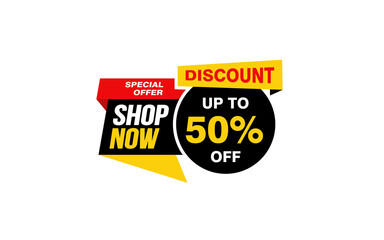 50 Percent SHOP NOW offer, clearance, promotion banner layout with sticker style. 