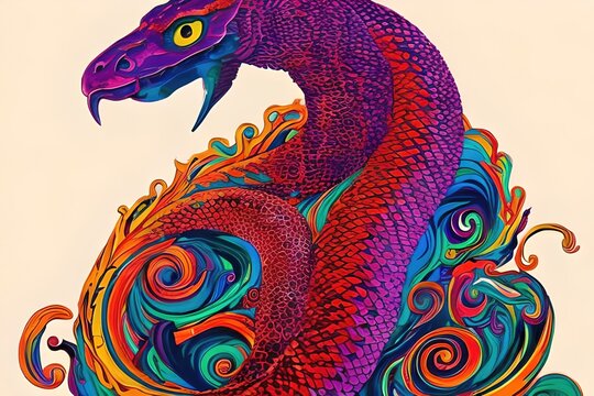 Snake, the head of a snake in a multi-colored flame. Abstract multicolored profile portrait of a snake head on a colorful background. Art & Design, &Euml;&otilde;&aacute;