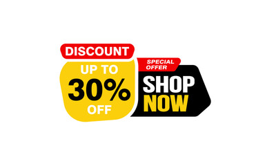30 Percent SHOP NOW offer, clearance, promotion banner layout with sticker style. 