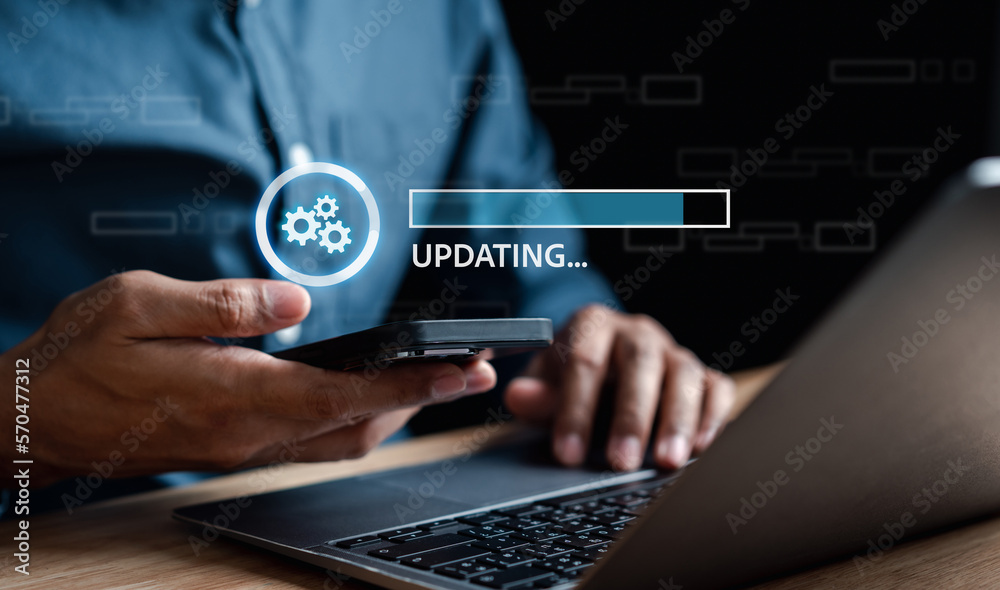 Aufkleber Update software system in computer. Man using smartphone upgrade program, Business technology internet loading virtual bar with installing the update for the quality better.
