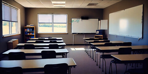 Classroom interior - empty room at school filled with desks, chairs, and whiteboards perfect for academic education and learning.
