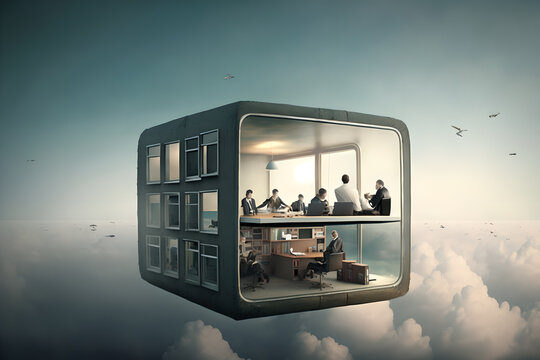 Office workers having a zoom meeting in the cloud, literally, in an meeting room floating in the sky, futuristic and amazing, awe, fast internet, symbol of advancement in work conditions and abilities