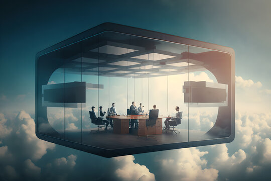 Office workers having a zoom meeting in the cloud, literally, in an meeting room floating in the sky, futuristic and amazing, awe, fast internet, symbol of advancement in work conditions and abilities
