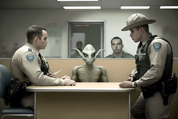 An illegal Alien is being detailed by tough immigration officers in a detention center/centre in an international and intergalactic port. Literally extraterrestrial. Alone, upset, transfer. - obrazy, fototapety, plakaty