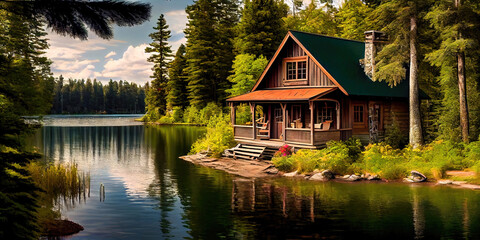 Fototapeta premium Wooden cabin by the lake in the forest - idyllic setting during the afternoon bathing in the sun's daylight. Nature without people by generative AI