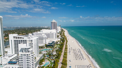 Aerial view of hotels down Miami Beach including Fontainebleau