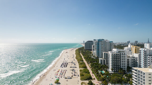 Miami Beach coastline with hotels on a bright morning.