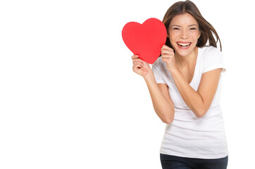 Fototapeta na wymiar Woman showing heart. Love and valentines day concept with joyful mixed race Chinese Asian / Caucasian young woman smiling cheerful isolated on white background. 