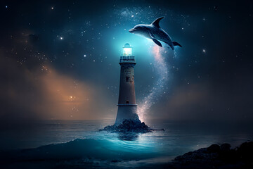 Night Sea Lighthouse and Mysterious Dolphin