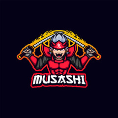 Red Armor Ronin Samurai Dual Katana Mascot Illustration