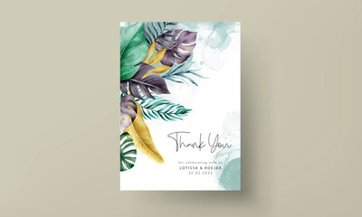 exotic tropical leaves watercolor wedding invitation card set