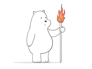Cute bear holding a flaming stick line art illustration