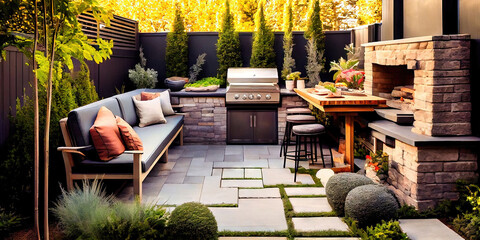 Modern back patio - garden and backyard with seating and place to entertain and cook - obrazy, fototapety, plakaty