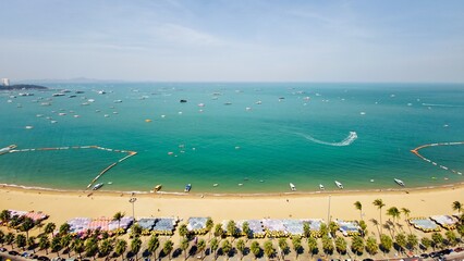 Beautiful natural aerial view of Pattaya Beach with turquoise seawater and white fluffy bubble from...