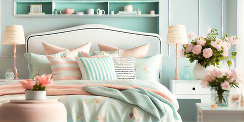 Interior of a pastel master bedroom decorated with pastel wall paint, sheets, comforter, duvet, pillows, and furniture. Generative AI image with natural lighting