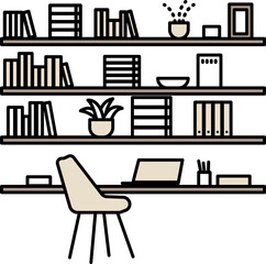 書斎、イラスト、インテリア、無人、椅子、棚、本、ノートパソコン、白背景、線画、黒色、ベージュ、茶色、屋内、観葉植物、素材、屋内