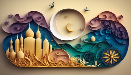 Ramadan Quilling Paper Art Illustration created by Generative AI