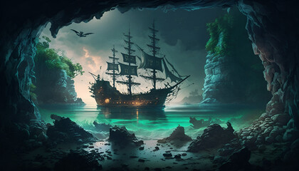 ship in the sea,an underground ocean, a pirate ship in the foreground, fantasy city on island in the distance as focal point, dark colors, realistic, nighttime, stone ceiling, glowing lichen and moss  - obrazy, fototapety, plakaty