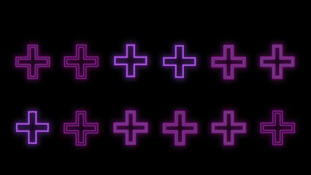 Neon purple plus sign pattern on black gradient, motion abstract disco, club and party style background
