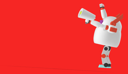 Robot with megaphone hand on, Announcing good news, such as product advertisements,on white background 3D illustration