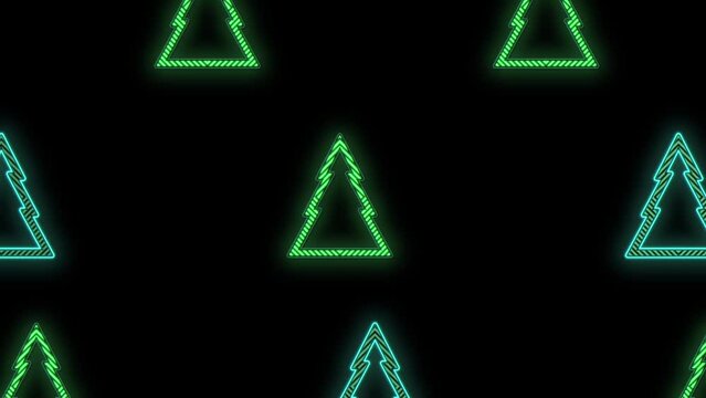 Christmas trees pattern with neon pulsing light on black gradient, motion abstract club, party and winter holidays style background