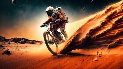 Fototapeta na wymiar An astronaut riding a bicycle on Mars, with the rugged, 3 generative AI