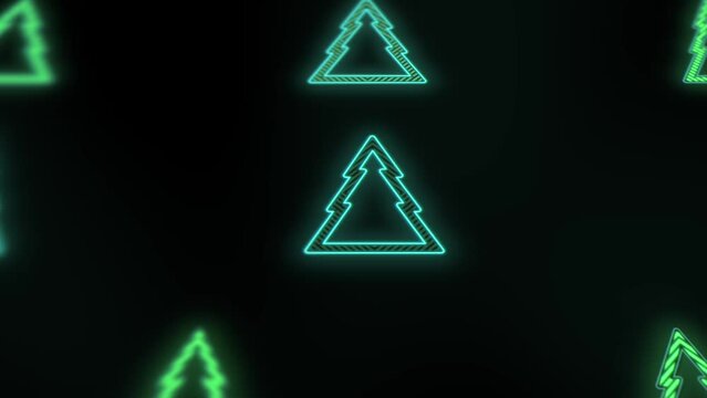 Neon green Christmas trees pattern on black gradient, motion abstract club, party and winter holidays style background