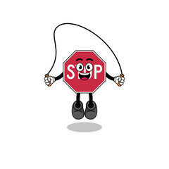 stop road sign mascot cartoon is playing skipping rope