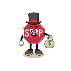 stop road sign mascot illustration rich man holding a money sack