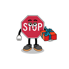 stop road sign mascot illustration giving a gift