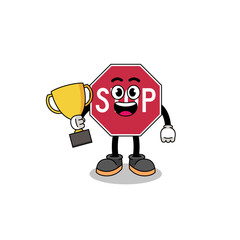 Cartoon mascot of stop road sign holding a trophy