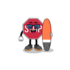 Mascot cartoon of stop road sign as a surfer