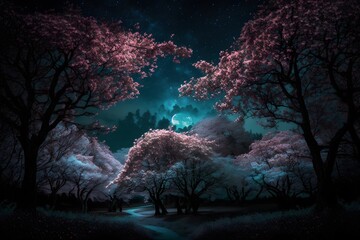 night cherry blossom created using AI Generative Technology